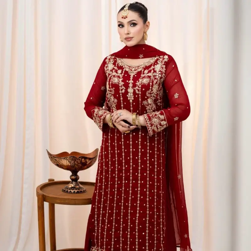 Agha Jaan Three Piece Suit with Elegant Red Embroidered Included Lehenga Bottom.