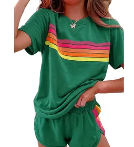 2 Piece Lounge Sets for Women Summer Rainbow Striped Tops Casual Shorts Color Blocked Suit Sweatshirts Set, thin version