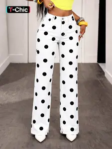 Fashion Women's Polka Dot Long Pants, High Waist Wide Leg Jeans, Loose Fit Elastic Fabric, Casual All Season Wear