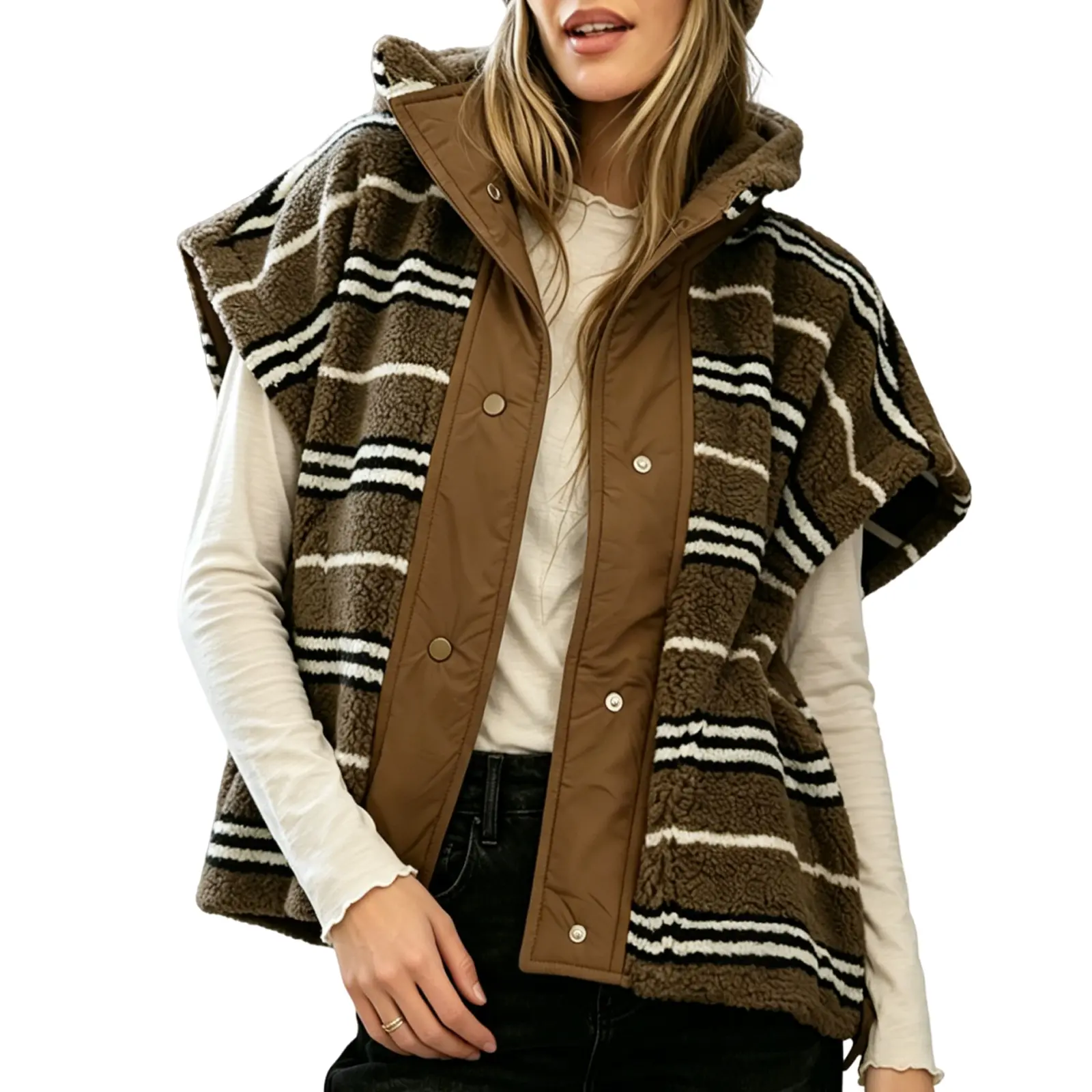 Fisoew Women's Elegant Chocolate Striped Sherpa Fleece Vest, an Essential Oversized Fit Gilet and Layering Piece with Stand Collar, Casual, Chic