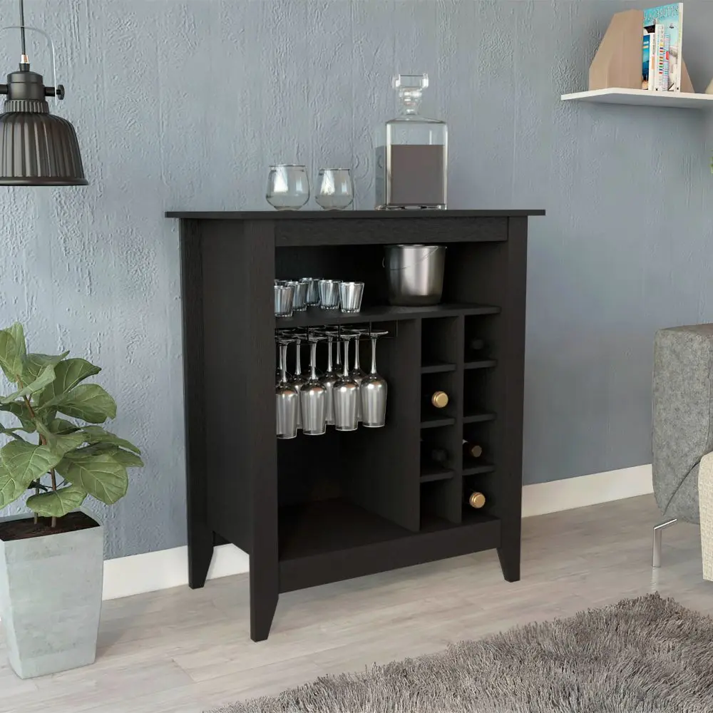 Black Tool Organizer Bar Cabinet with Built-In 6-Bottle Wine Rack, 1 Open Shelf for Wine Storage, Assembly Required, One Open Shelf