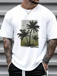 Men's Tropical Coconut Tree & Letter Print Drop Shoulder Sleep Tee, Regular Fit Casual Soft Comfortable Short Sleeve Round Neck PJ T-Shirt for Daily Wear, Sleepwear Loungewear Menswear for Men