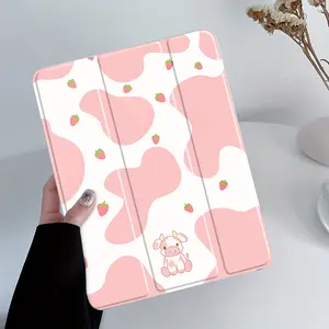 This pink strawberry and cow print case features an adjustable stand and pen slot, and is a foldable, non-slip TPU protective case suitable for Samsung, iPad mini, iPad Air, iPad Pro/iPad 10th and 11th generation iPads.
