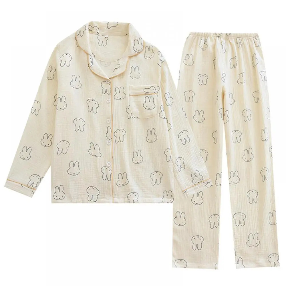 Miffy all-cotton pajamas for women Spring and summer kawaii cardigan long-sleeved suit collar cotton gauze home wear set