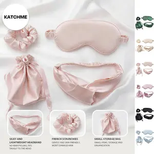 KatchMe Women's Silk 4PCS Solid Color Soft Sleeping Set, Comfort Satin Eye Mask Headband Scrunchies with Storage Bag Portable 4 Pieces Set