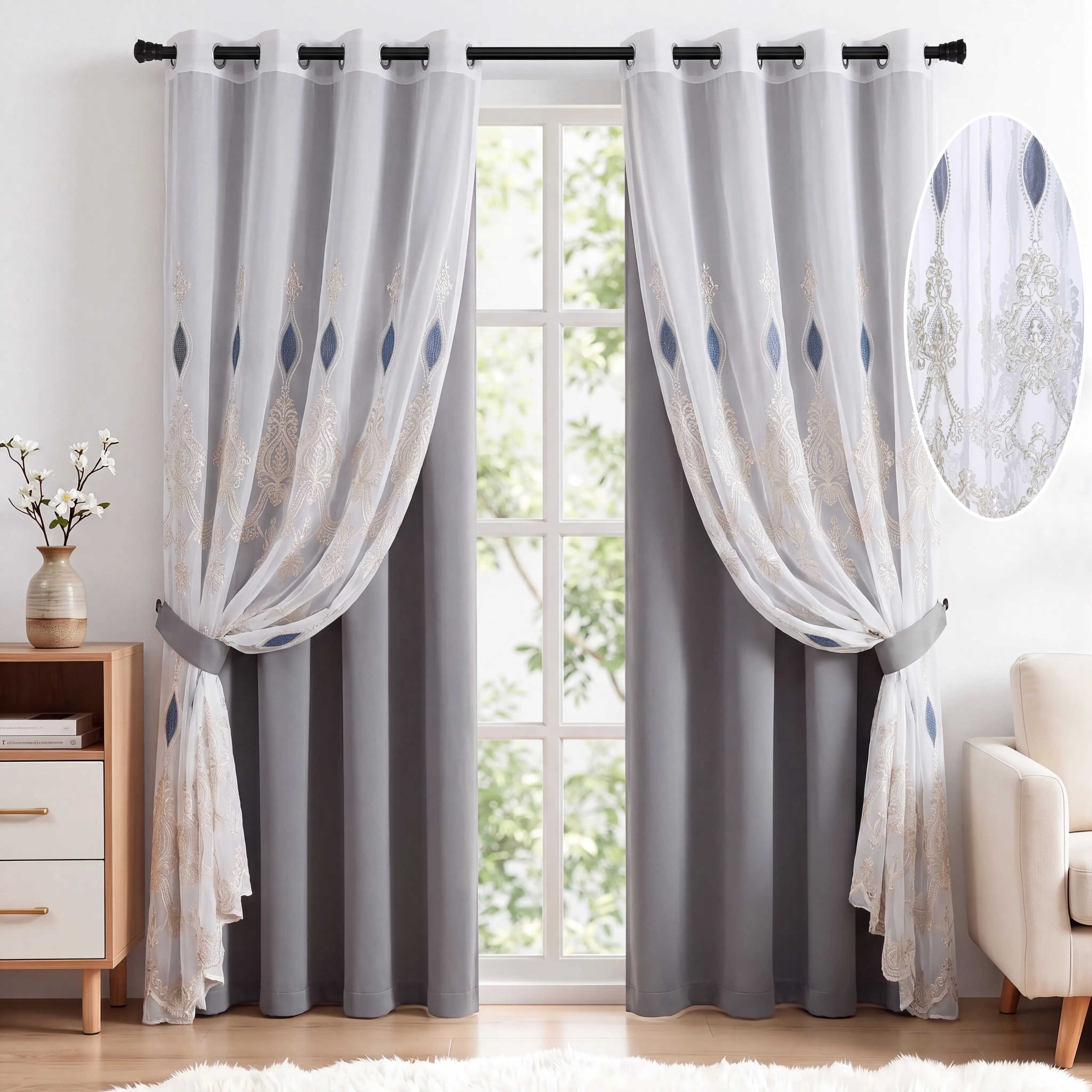 Double Layer Curtains 4 Panels Combo Set 52x84 Inch, 2 Blackout Panels Plus 2 Wedding Velvet Applique Embroidered Sheer Voile Panels, Luxury 2 in 1 Grommet Window Treatment with Custom Color Matching, Romantic Decor for Bedroom Living Room Bridal QF22QF73