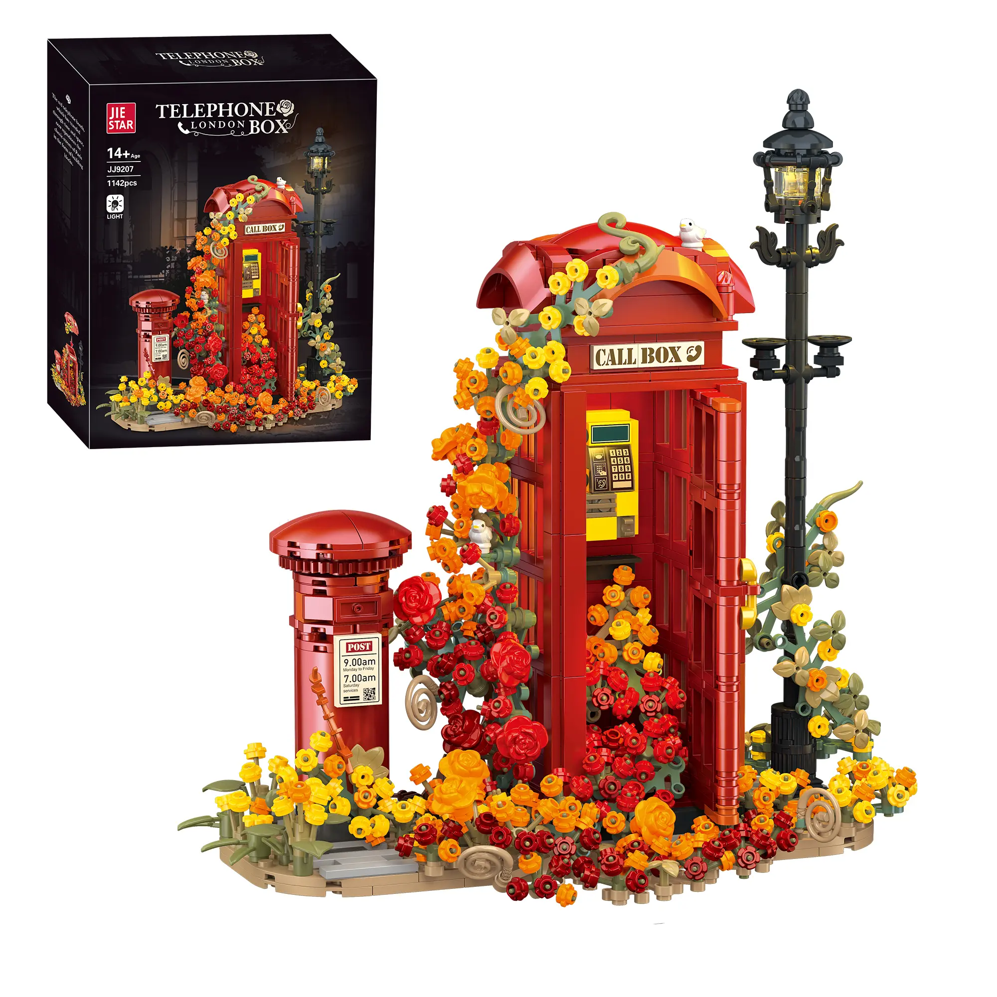 1142PCS Romantic Vintage Phone Booth Building Blocks, Floral Street‑View Model Kit with Lamp Post & Post Box, Creative DIY Display Bricks, Great Gift for Kids & Collectors