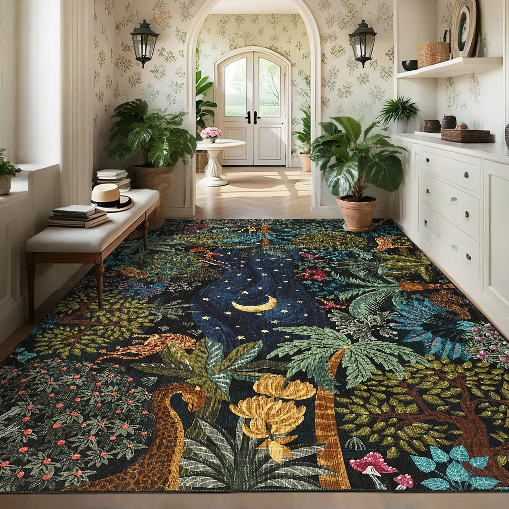 Durable Washable Jungle Area Rug - Non-slip, Stain-resistant with Botanical & Animal Print Pattern for Living Room, Nursery | Aesthetic Rugs for Living Room