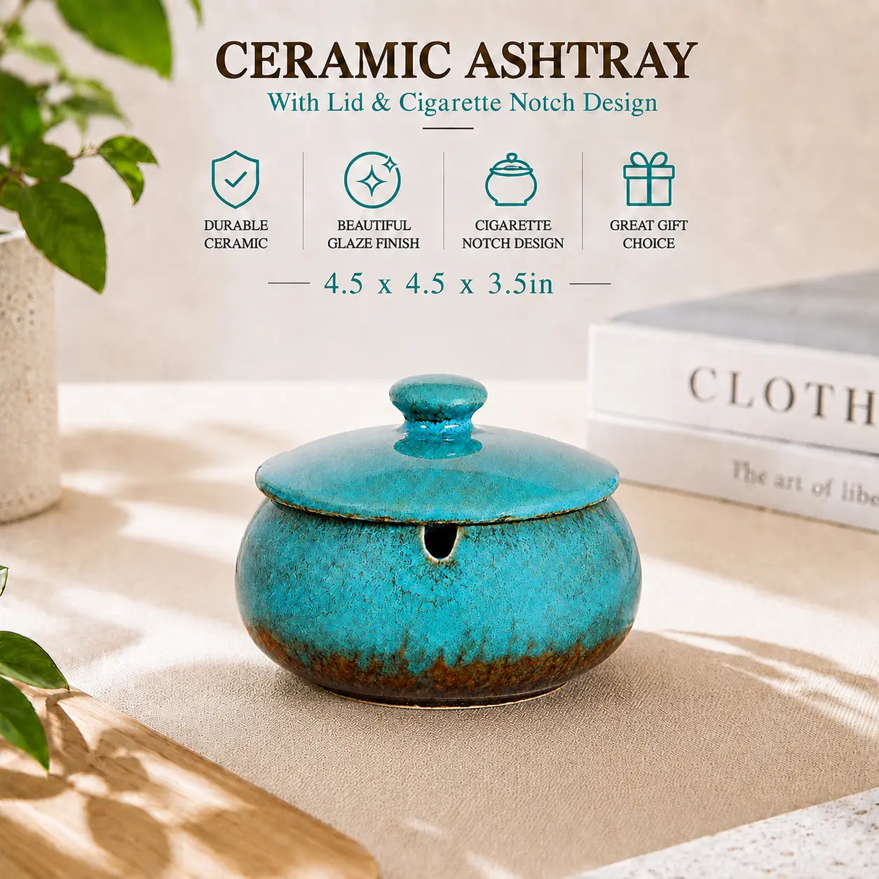 Ceramic Ashtray with Lids, Cigarette Ashtray for Indoor/Outdoor Use, Blue Porch Decorations, Tray for Home Office Decorations Ornaments,Father's Day Gift for Daddy