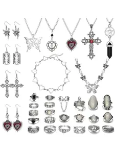 33Pcs Grunge Vintage Punk Necklace Jewelry Set Gothic Earrings Fairy Butterfly Boho Crystal Y2k Cross Pendent Butterfly Heart Choker Goth Stackable Knuckle Rings Adjustable Y2k Accessories for Women Men