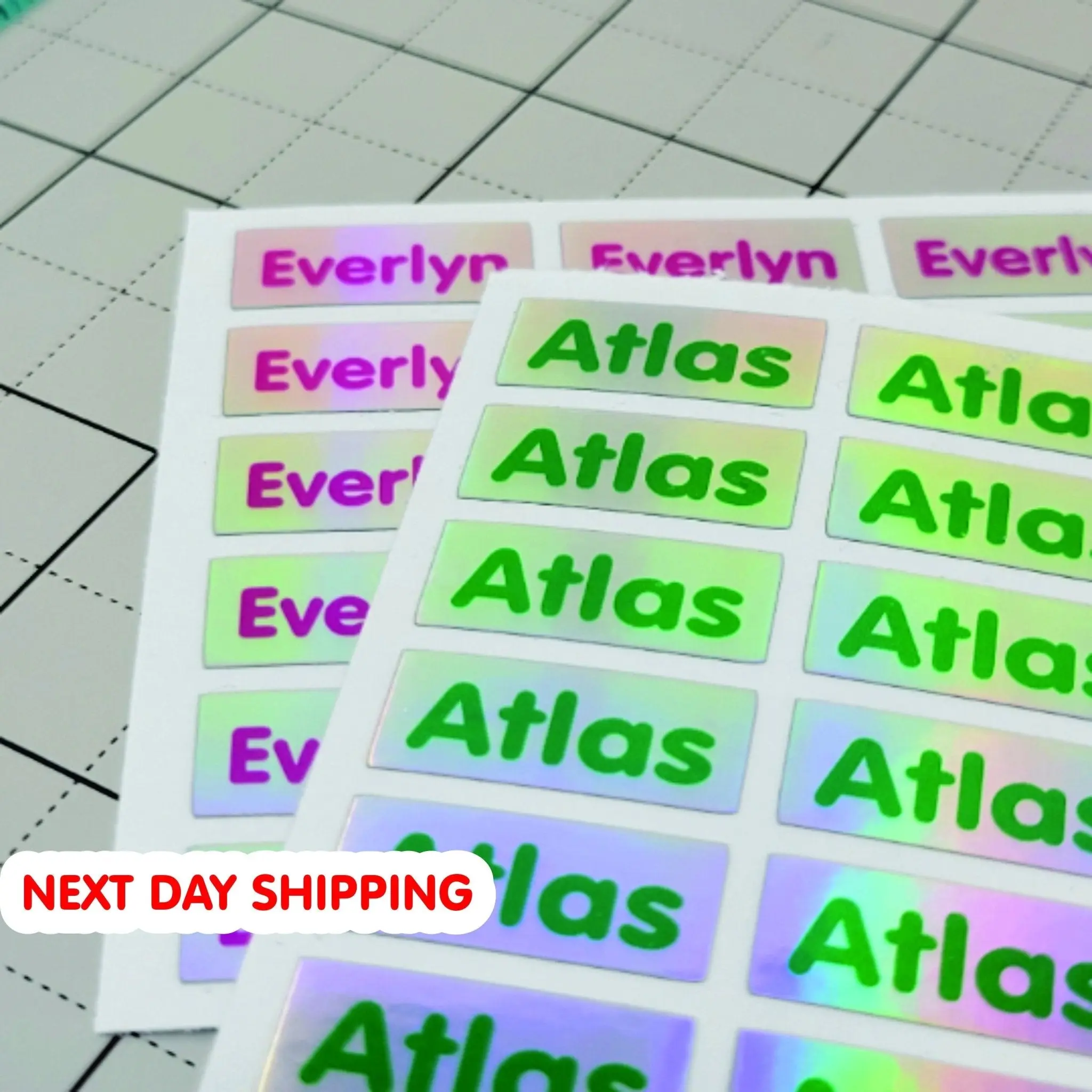 Personalized Holographic Name Stickers - Vibrant Colors, Waterproof Name Labels, Ideal for Daycare & School Use