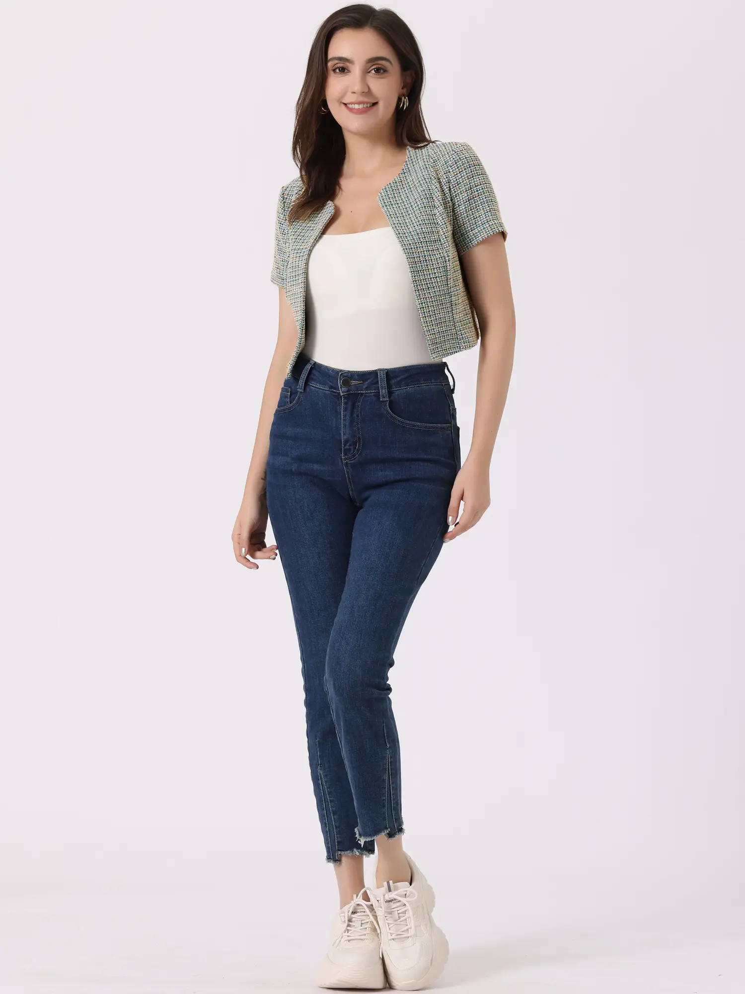 INSPIRE CHIC Tweed Cardigan for Women Vintage Open Front Short Sleeve Crop Outwear
