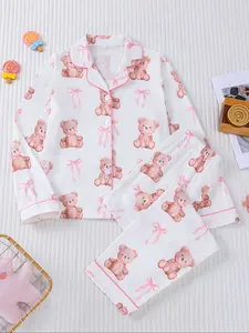 Cute Bear Bowknot Fireproof Pajama Set, Long Sleeve Shirt & Elastic Waist Pants, Autumn Winter Home Wear, Kids Sleepwear, Pastel Cute Pajamas