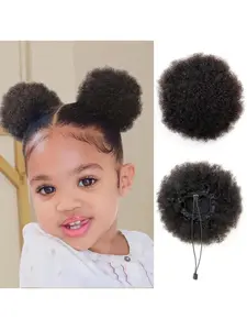 Natural Afro Puff Hair Bun for Black Girl Kids, Children, Human Hair Small Drawstring Ponytail, Stylish & Comfortable Hairstyle Accessory