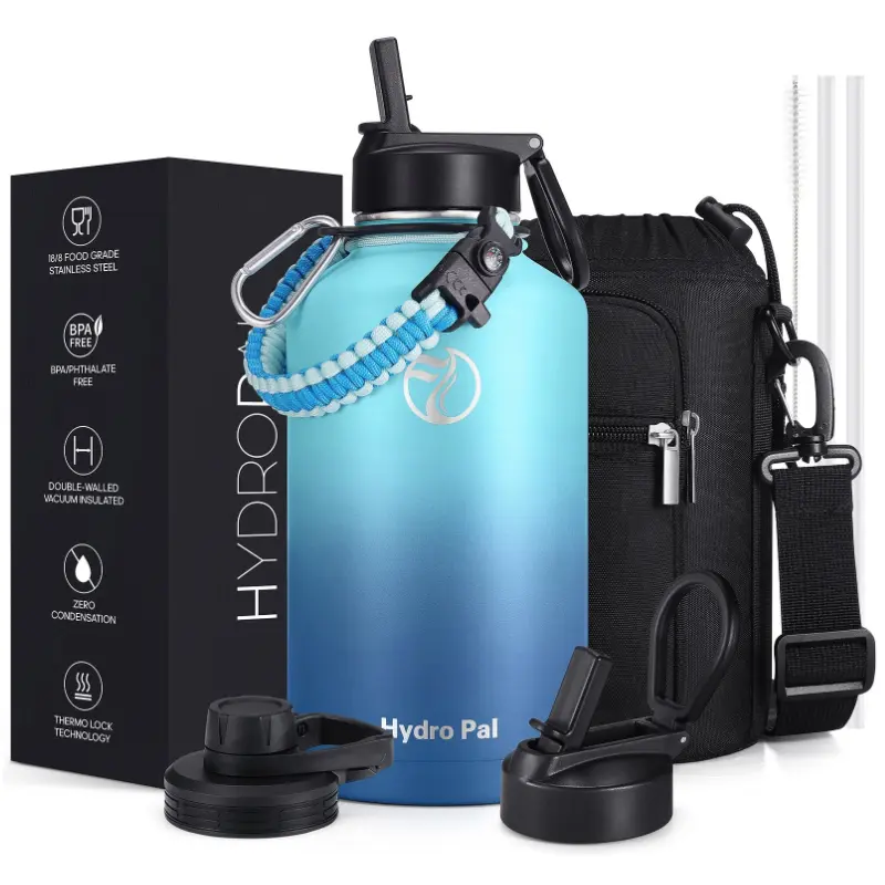 HydroPal 64oz Stainless Steel Insulated Water Bottle with Chug Lid & Straw Wide Mouth Double-wall Vacuum Thermo Flask with Paracord Carrier BPA Free Food Grade Material