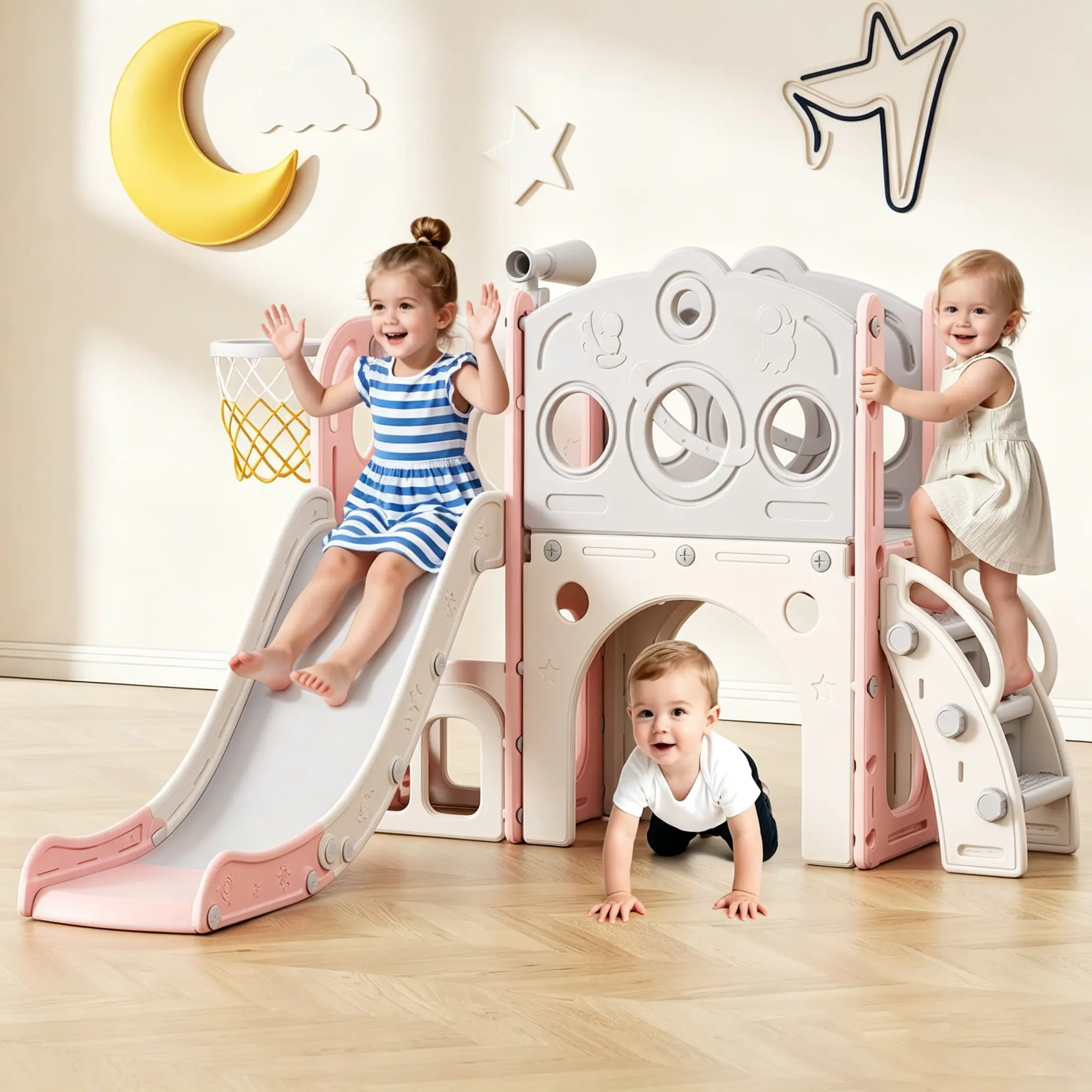BIERUM 8-in-1 Toddler Slide Playset - Home Playground Equipment with Basketball Hoop, Telescope, Climber for 1-3 Year Olds (Indoor Living Room, Playroom, Outdoor Backyard Use for Playroom Organization & Complete Playground Experience), Astm Certified