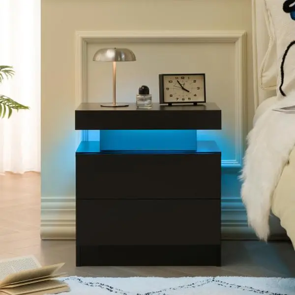 [Bellemave]Nightstand LED Bedside Table Cabinet Lights Modern End Side with 2 Drawers for Bedroom (White Stone)