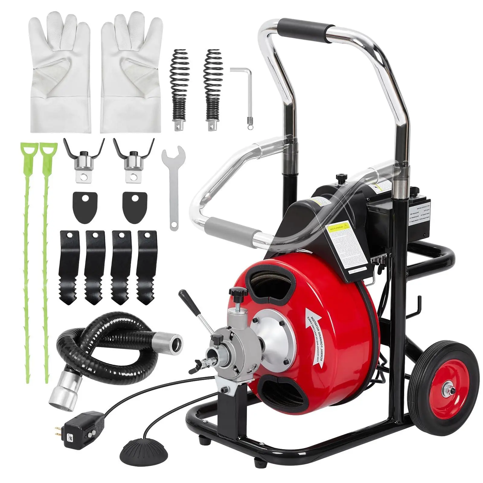 75 Ft x 3/8 Inch Drain Cleaner Machine, Auto-Feed Sewer Snake for 1 to 4 in Pipes, with 4 Cutters, Gloves, Foot Switch, Electric Drain Cleaning Machine for Toilets, Sinks, and Floor Drains