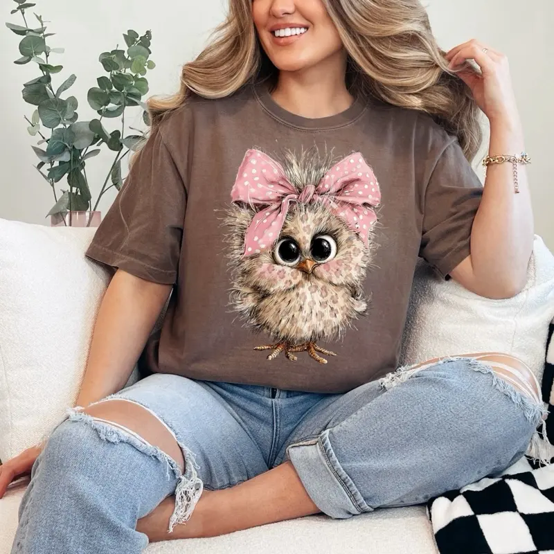 Cute Chicken with bow   T-shirt Comfort Colors Everyday Style Shirtsleeve love casual comfortable super soft relaxed fit unisex Sizing womenswear Streetwear  vintage Crewneck Printed Loose Graphic animal lover