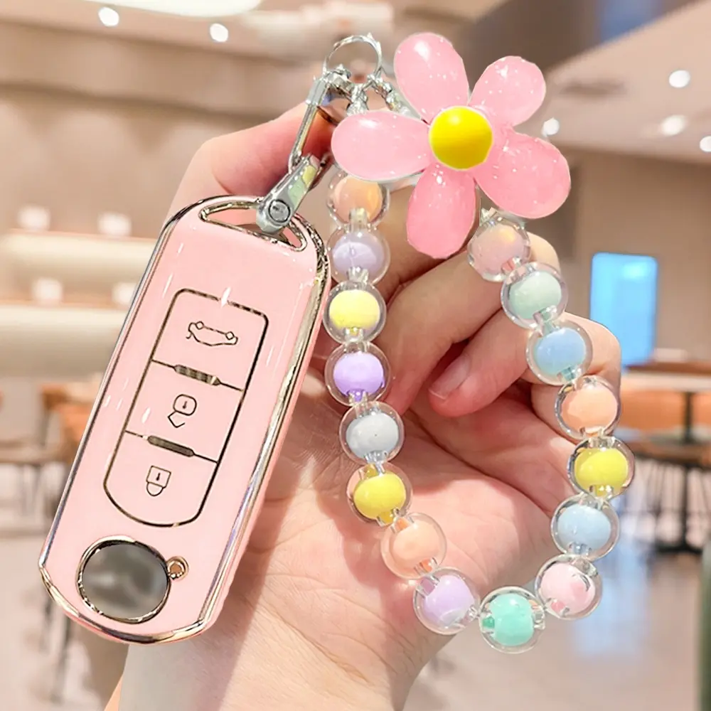 Car Key Case, Cute Flower Beaded Keychain, Soft TPU Key Case Cover, Key Fob Shell, Cute Car Accessories, Keychain for Mazda 2 3 6 CX3 CX4 CX5 CX7 CX9 Atenza Axela MX5 Miata, Car Key Protector, Key Covers for Car Keys, Car Key Accessory