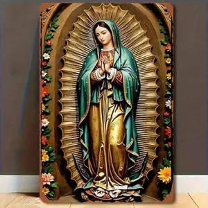 2D Plane - Old Time Virgin Mary of Guadalupe Iron Wall Art - 8x 12inch Religious Decoration, with Lace, Serene Blue and Gold Robe Print