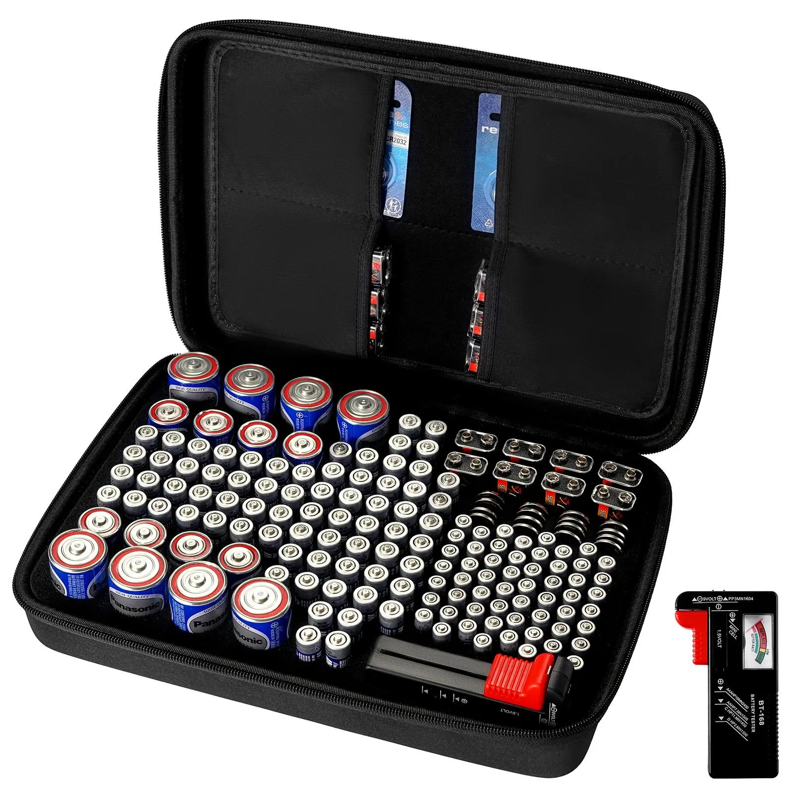 【Summerfinds】VEVOR Battery Organizer Storage Box,Battery Case Bag with Tester BT-168Waterproof Batteries Organizer Storage Case with ZipperHolds 167 Batteries AA AAA C D 9V ButtonBlack (Box Only)