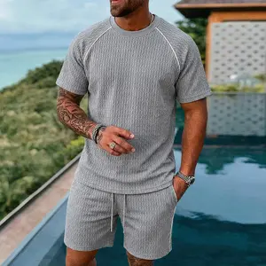 Men’s Diamond‑Waffle Textured Contrast‑Pipe 2‑Piece Outfit, Raglan Short‑Sleeve Crew‑Neck T‑Shirt & Drawstring Shorts Set, Premium Resort‑Ready Summer Casual Streetwear