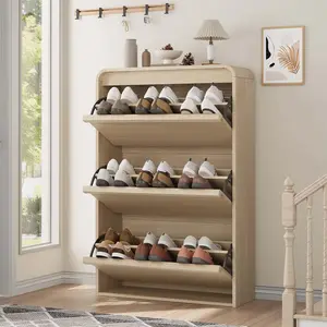 Shoe Cabinet with 3 Flip Drawers, Wooden Shoe Cabinet with Adjustable Shelf, Shoe Storage for Entryway, Hidden Shoe Cabinet for Hallway, Living Room, Natural Oak