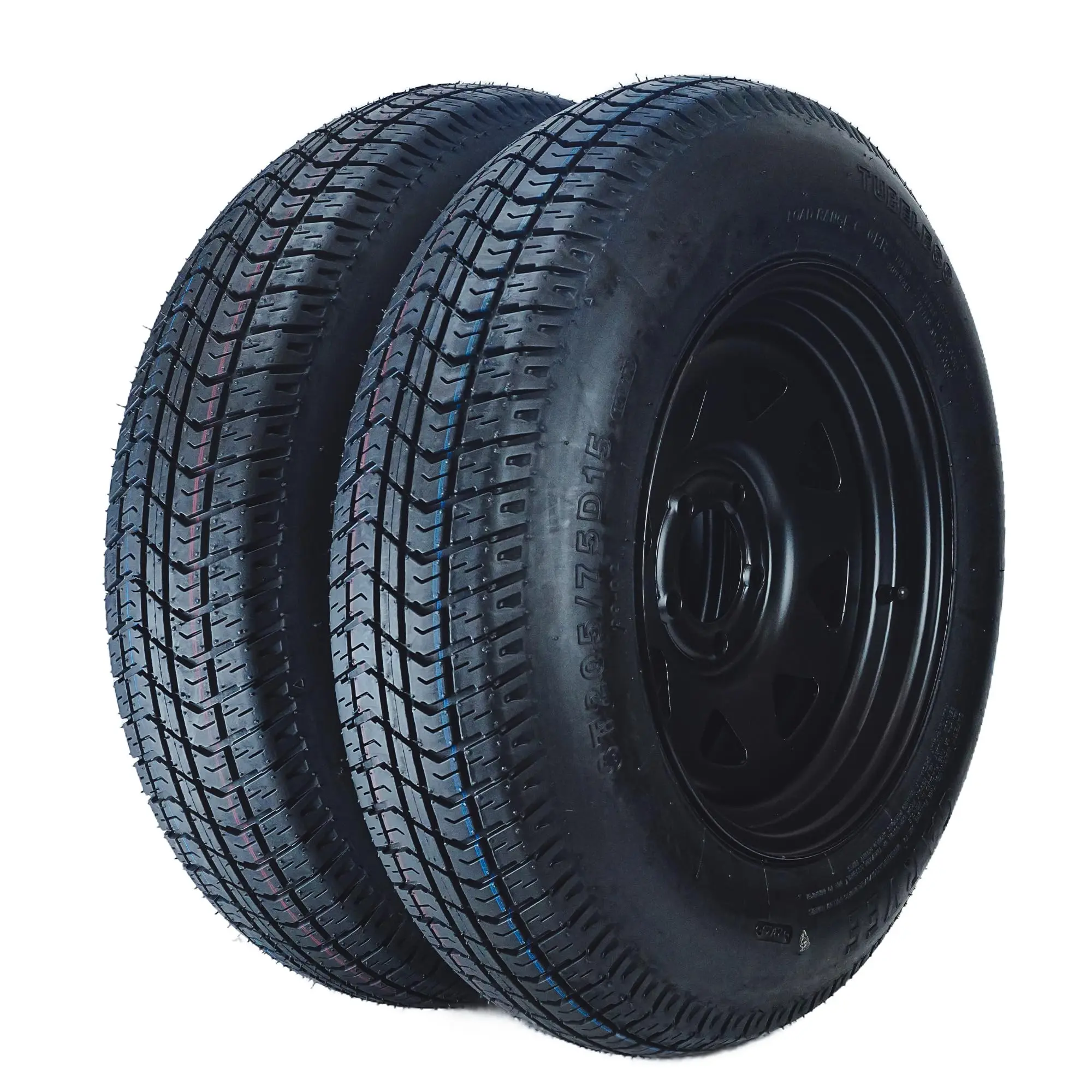 PeakPursuit ST205/75D15 5-Lug Bias Ply Trailer Tire and Wheel Assembly - 4.5" Bolt Pattern, 15" Black Steel Rim, Load Range C 6-Ply, Double Steel Belt, Shock Absorb, Smooth Ride, Easy Assembly, Durable Auto Part, Set of 2 Tire Rims for Utility Trailers