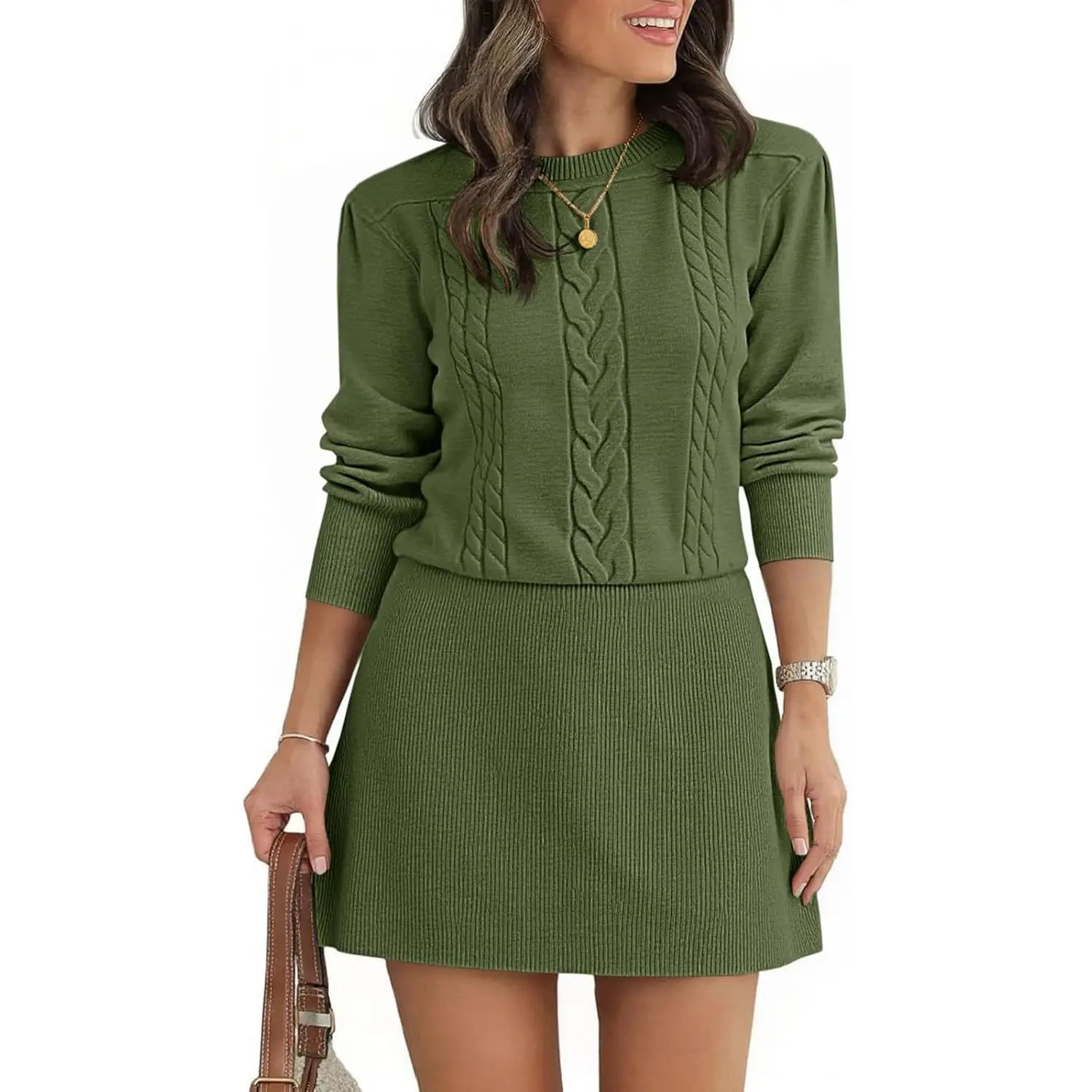 Saodimallsu Women's Puff Long Sleeve Cable Knit Sweater Dress, Casual Crew Neck A-Line Flare Mini Dress, Casual Wear, Longsleeves