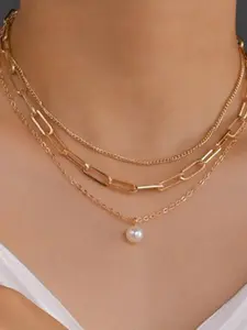 Three-Layer Metal Chain Imitation Pearl Pendant Necklace for Women, Elegant Ethnic Style, All Seasons Fashion Jewelry