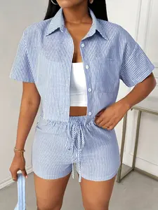 A two-piece set featuring a lapel striped single-breasted short-sleeved shirt and tie-front shorts. Perfect for casual summer beach and outdoor activities, it's also perfect for vacation wear and a versatile piece.