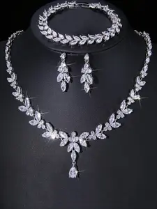 Women's Elegant Rhinestone Decorated Necklace & Dangle Earrings & Bracelet, Exquisite Trendy Teardrop Jewelry Set, Fashionable Accessories for Party & Daily Clothing Decor