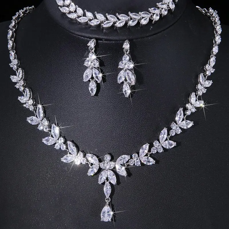 Women's Elegant Rhinestone Decorated Necklace & Dangle Earrings & Bracelet, Exquisite Trendy Teardrop Jewelry Set, Fashionable Accessories for Party & Daily Clothing Decor Necklaces Earrings Set, Accessory Set, Necklace And Earring Set