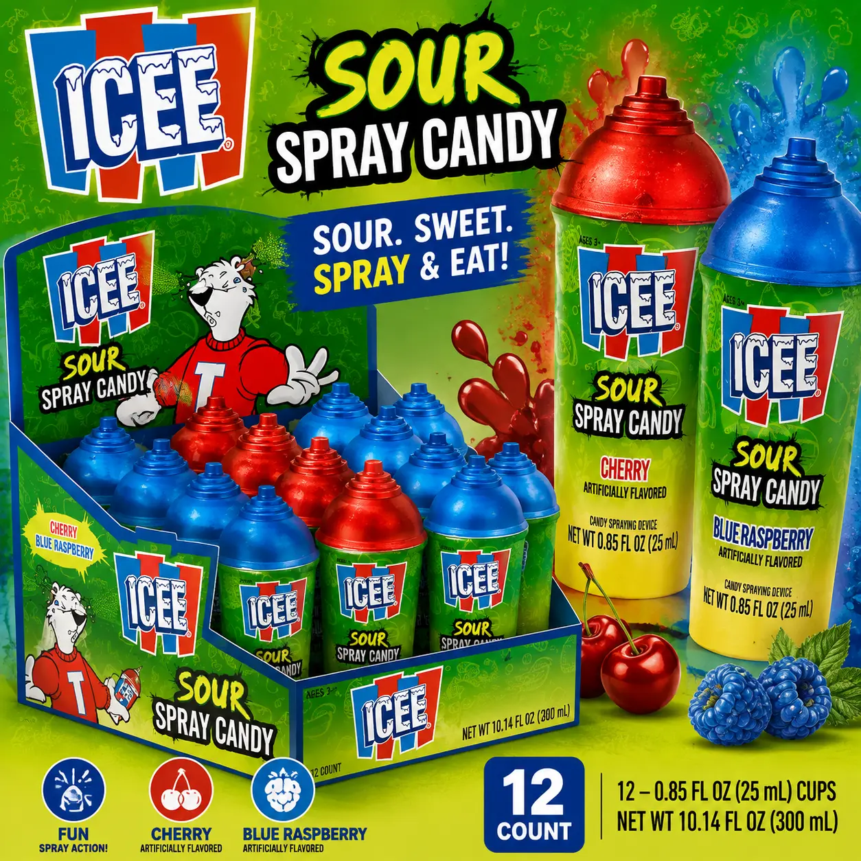 Icee Sour Spray Candy Cup Cherry Blue Raspberry 12 Count Liquid Sour Candy