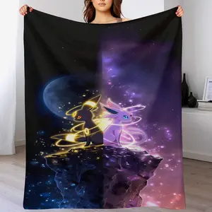 "Umbreon & Espeon" Flannel Throw Blanket — An "Eeveelution: Starry Sky" Series Fleece Throw featuring a unique "Day & Night Dual-Color Split" design — Exclusive Room Decor for Fans