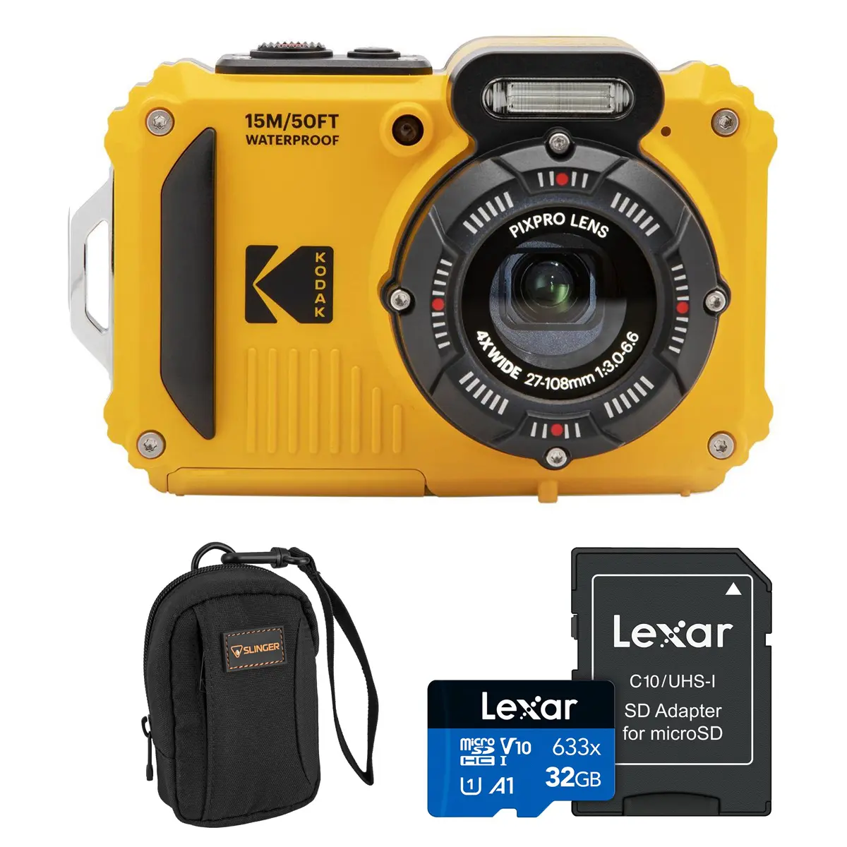 Kodak PIXPRO WPZ2 Durable Underwater 4X Zoom HD Digital Point & Shoot Camera - 16MP BSI CMOS, Yellow, Bundle with 32GB Memory Card, Camera Bag