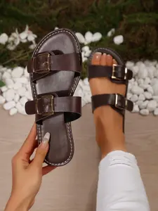 Women's Fashionable Plain Color PU Leather Double Band Slides, Casual Comfortable Flat Sandals for Summer, Lightweight Breathable Shoes for Daily Wear, Girl