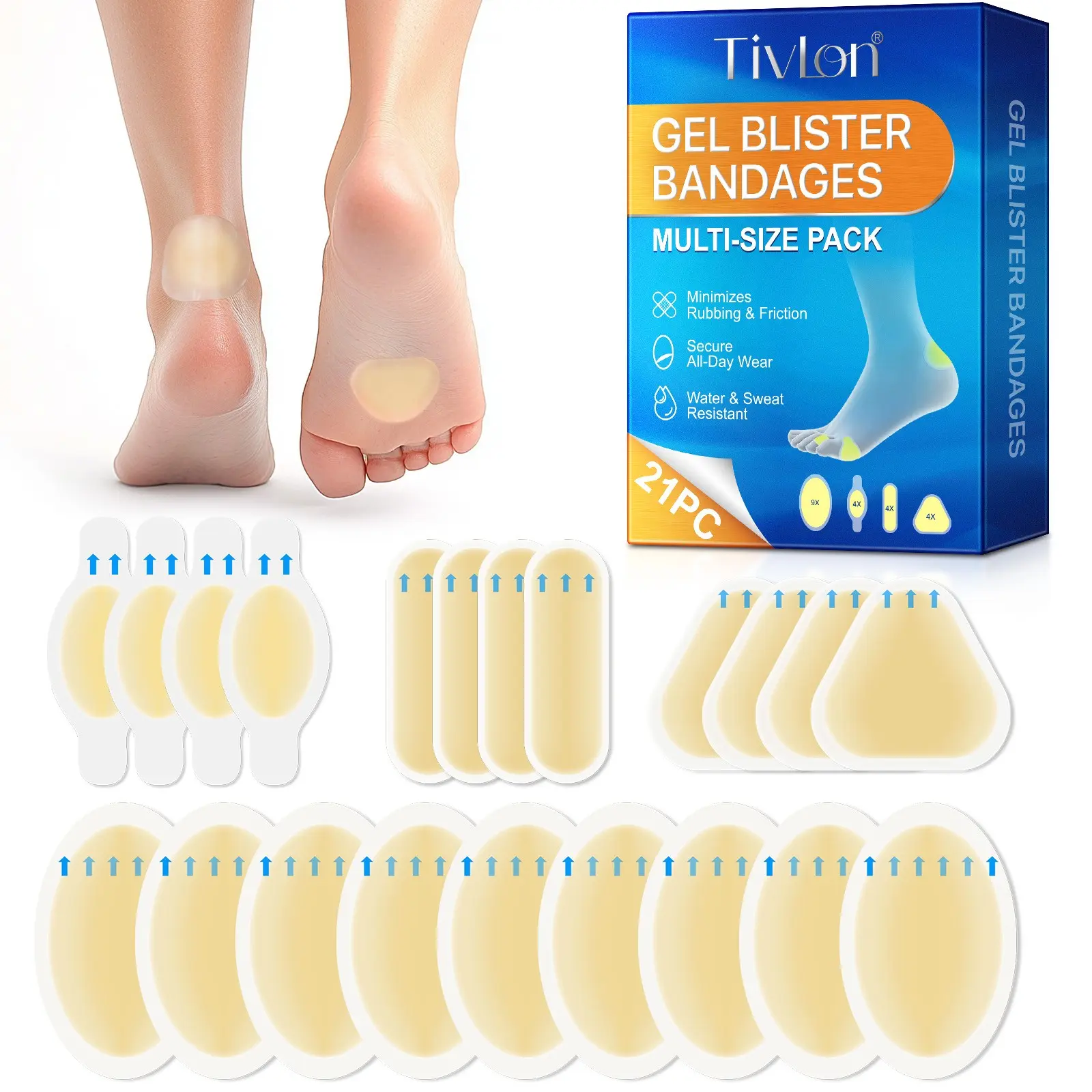 Tivlon Hydrogel Foot Blister Pads, 21-Pack (Assorted Styles), Prevent Blisters, Waterproof, Breathable, Long-Lasting Adhesion: Waterproof, Protects Against Rubbing in New Shoes, Protects Feet in High Heels, Foot Patches