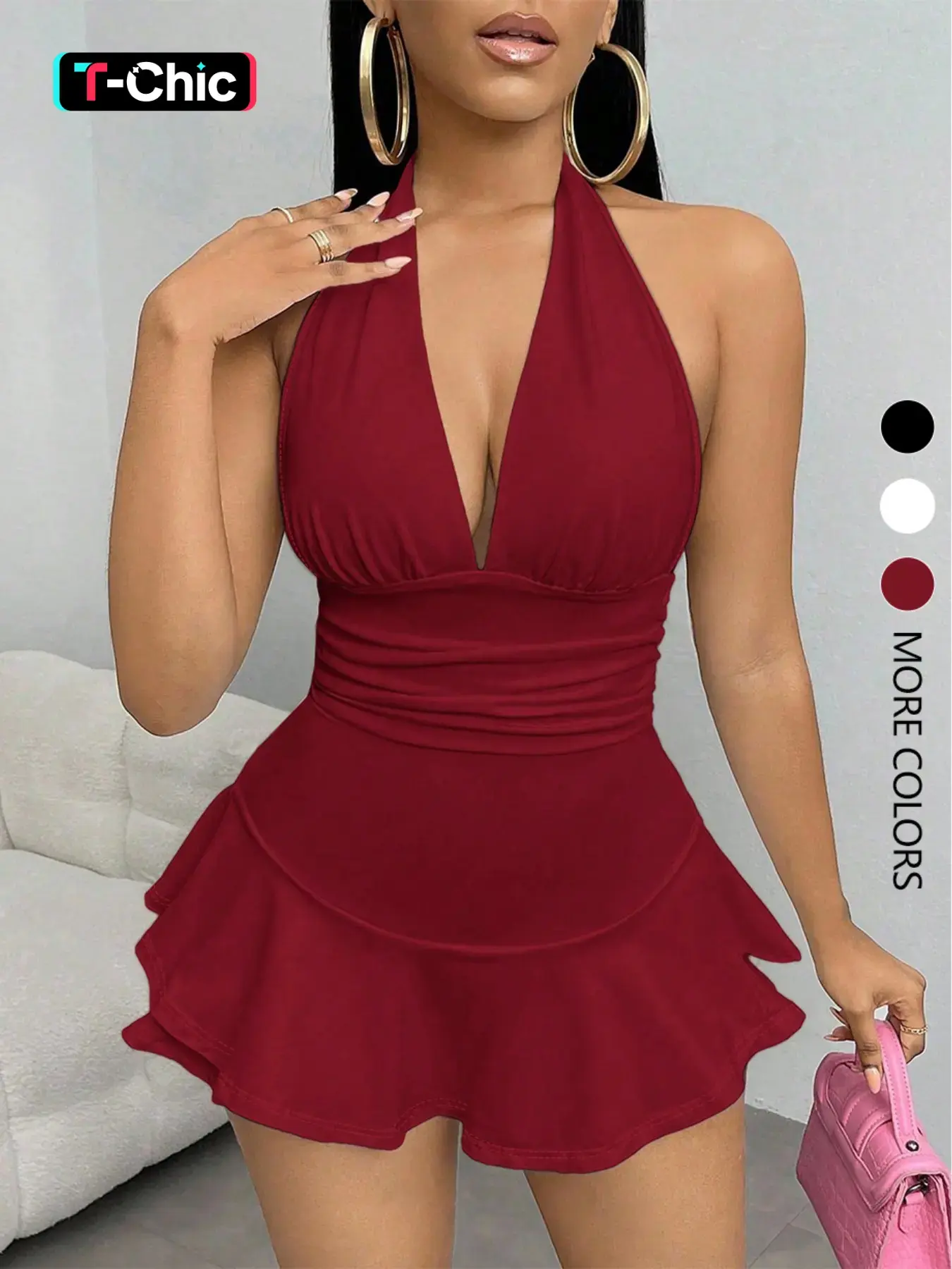 Women's Simple Solid Backless Halter One-Piece Romper, Fitted Rompers, Outfit, Ruffled Hem, Sleeveless, Casual Summer, Fashionable, Chic, Aesthetic and Comfortable, Minimalist, Halter Backless Jumpsuit