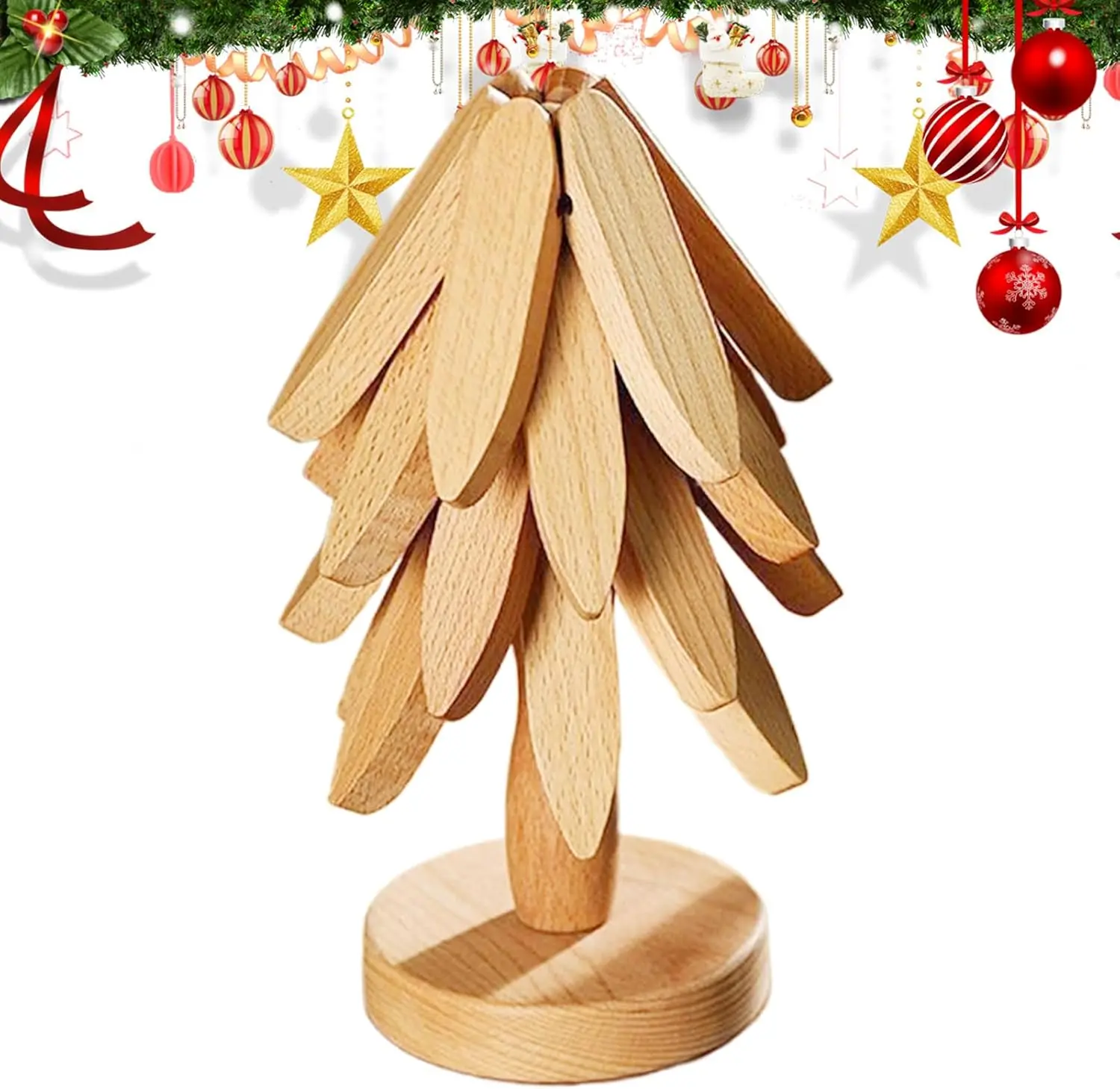 Christmas Tree Wooden Heat-Insulation Trivet Set - 4 Portable Lightweight Trivets & Stand, Durable Solid Wood Coasters, Foldable Packs Neatly Away, Helps Guard Countertops From Hot Pans, Nordic Kitchen Tableware, Four Pieces