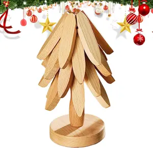 Christmas Tree Wooden Heat-Insulation Trivet Set – 4 Foldable Trivets & Stand, Durable Solid Wood Coasters for Pots, Bowls, Teapots & Hot Dishes, Nordic Kitchen Tableware