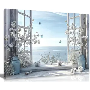 Coastal Flower Bathroom Canvas Wall Art Farmhouse Cotton Bouquet and Butterfly Bathroom on Window Wall Decor Rustic Blue Beach Butterfly Poster Print for Living Room Bedroom Restroom Home Decoration