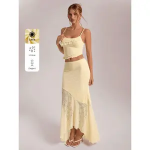 Women's Spring/Summer Vacation/Wedding Season Asymmetrical Lace Vest With Sheer Hem And Low Waist Fish Tail Ruffled Skirt 2-Piece Set Minimalist Short Basic Comfort Womenswear