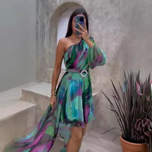 Women's Fashion Green Polyester Dress with Asymmetrical Neck & All Over Print European American Style Sleeveless Casual Skirt Off Shoulder Temperament Commute