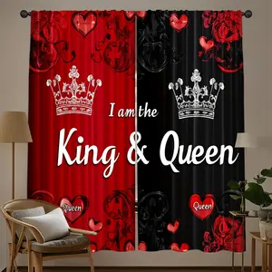2 Pieces King and Queen Theme Curtains, 100% Polyester Fiber, Light Filtering Curtains, Rod Pocket Design, Hand Wash Only, Woven Roller Embossed, Thermal Insulation and Blackout, Suitable for Bedroom and Living Room Decoration, Weight 100-120g