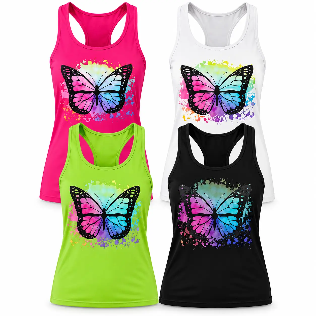 Women's Athletic Racerback Tank Top with Colorful Butterfly Print, Lightweight, Breathable, Moisture Wicking, 4 Colors
