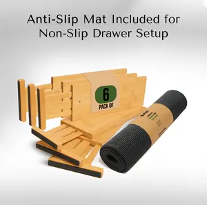 Blylix Wooden Bamboo Drawer Organizer Set (Pack of 6) - Eco-Friendly Adjustable Expandable Rectangle Home Storage Solution with Silicone Rubber Protection, Liner, Natural Look for Kitchen, Clothing