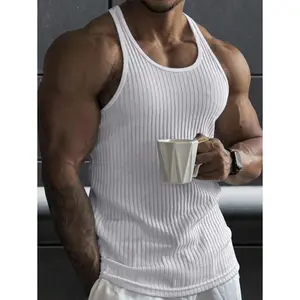 Men's Plain Regular-Length Solid Rib-Knit Casual Tank Top - Polyester Blend Sleeveless Round Neck Stretch Vest, Stitched Hem Summer Undershirt