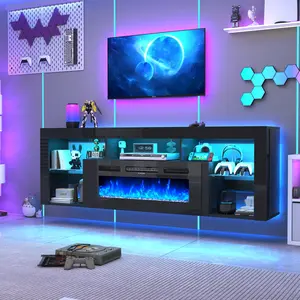 2 Packages Shipping 71" Floating Fireplace TV Stand for up to 85" TVs, Modern High Gloss Entertainment Center with 40" Electric Fireplace, Charging Station & LED Lights, Media Console with Storage, Black/whiteGift